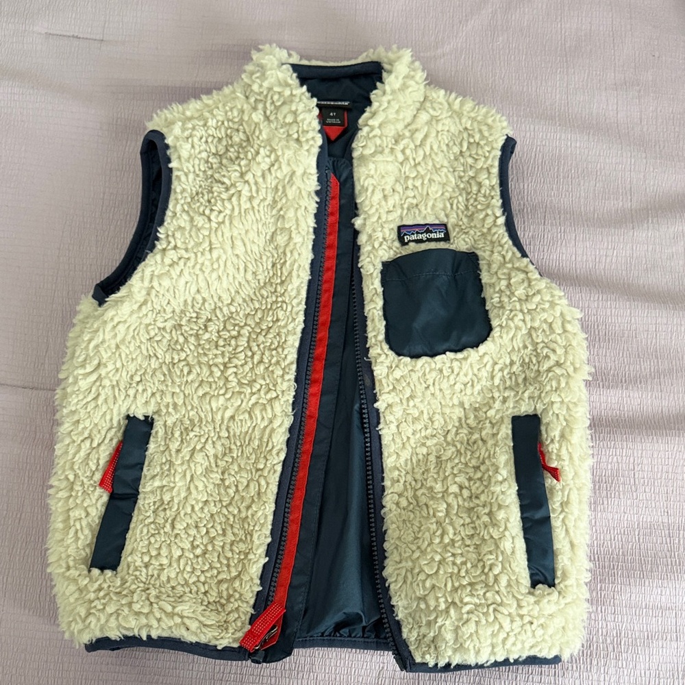 Patagonia Kids Cream Fleece Vest with Navy & Red Accents